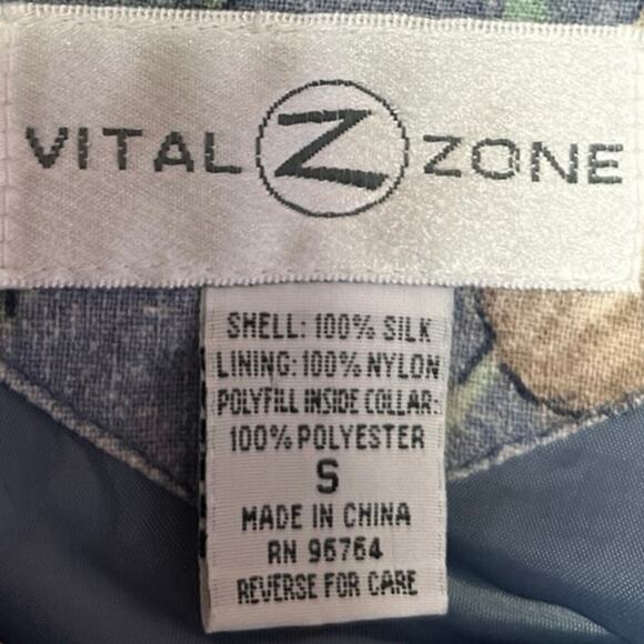 Vintage Vital Zone Blue 100% Silk Floral Relaxed Full Zip High Neck Jacket Sz S - Picture 4 of 4